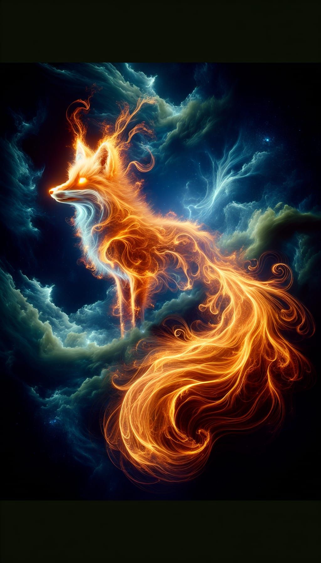 Neon Plasma Fox in Fiery Motion Against Storm Clouds