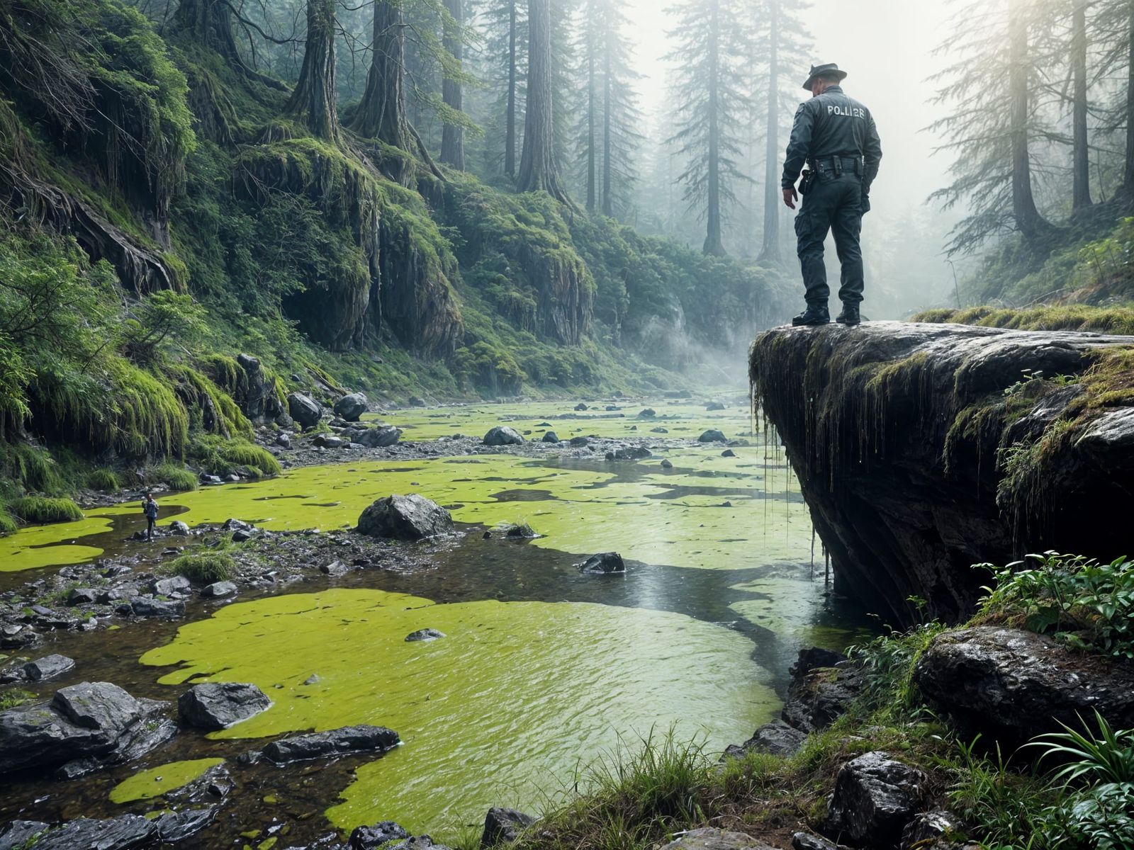 A lone NYC policeman  stands on a cliff gazing at green slime floating on a pond.
