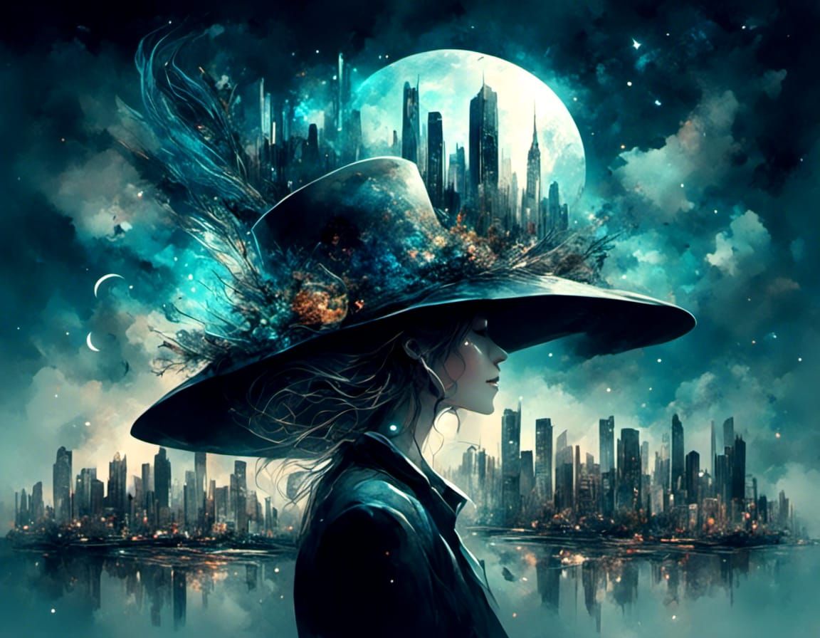 Surreal Saxophone Jazz Bar with Cityscape Hat