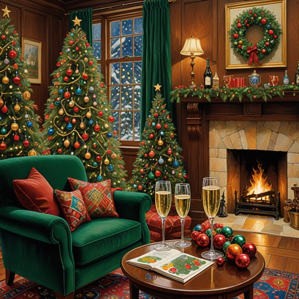 Elegant Holiday Scene with Champagne and Christmas Tree