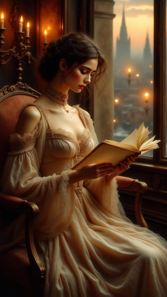 Contemplative Woman Reading Letter in Antique Watercolor Sty...