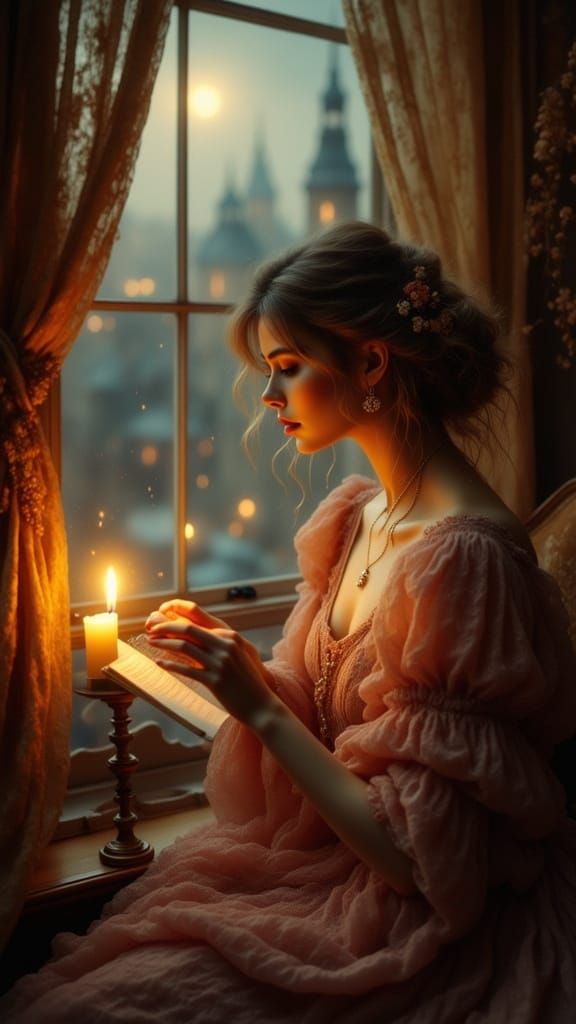 Woman Reading Letter by Candlelight in Antique Watercolor