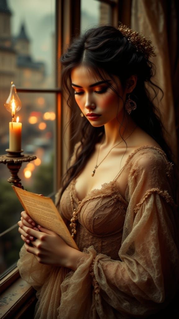 Woman Reading Letter in Antique Watercolor Style