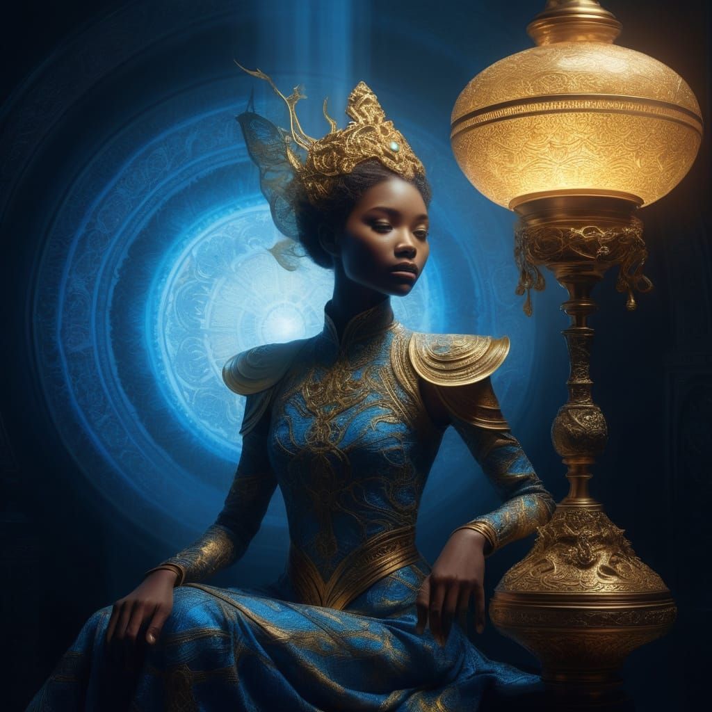 Ethereal Figure on Golden Lamp in Mystical Chamber