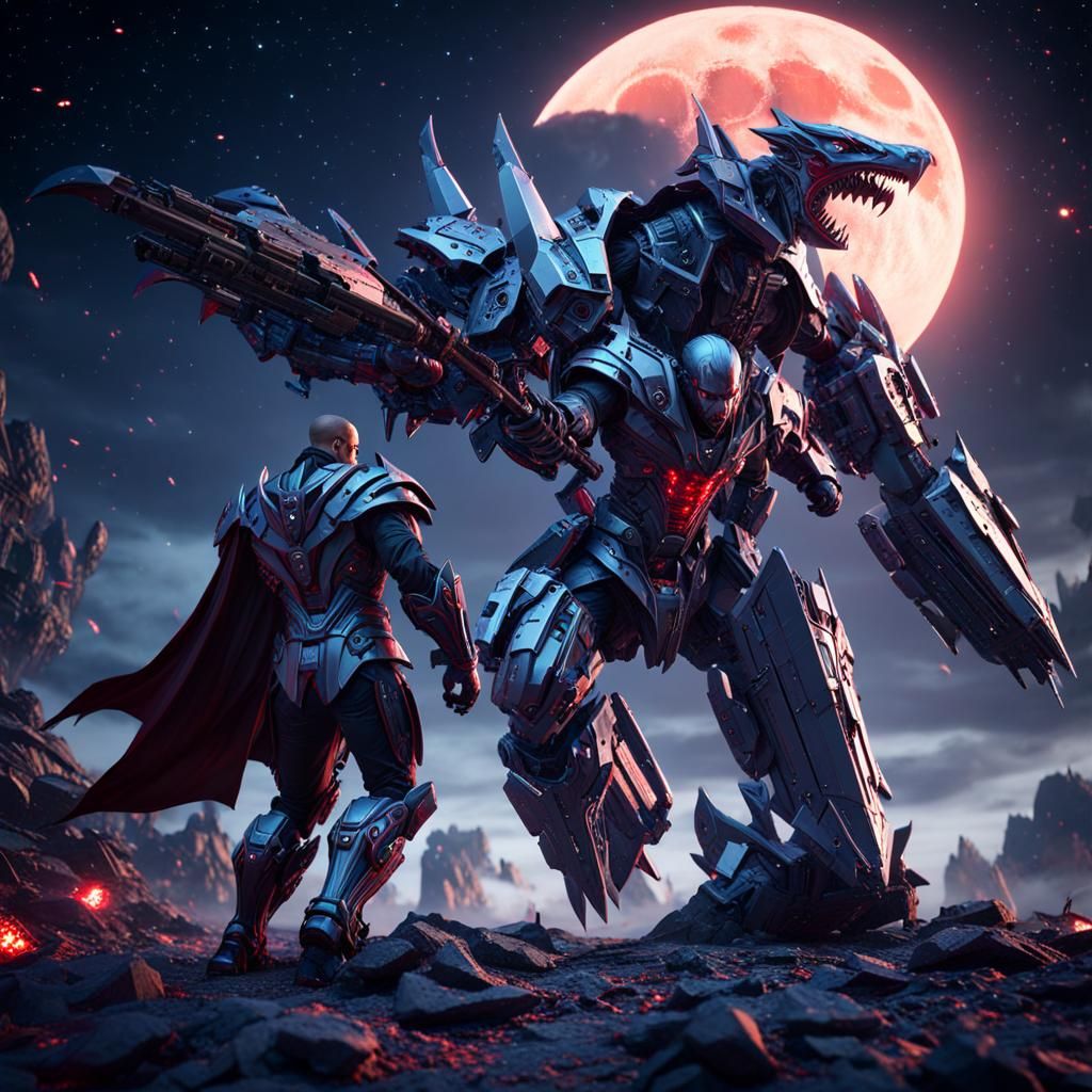 Vampire Battle Under Bloody Moon in Sci-Fi Style