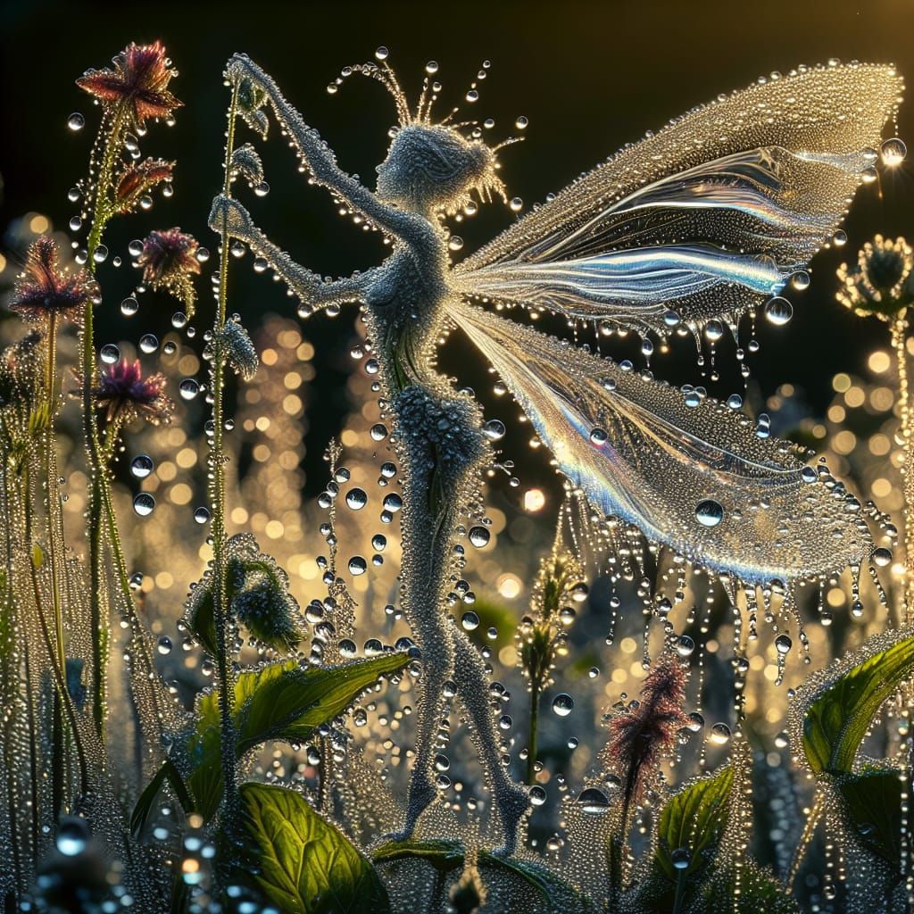 Ethereal Raindrop Fairy in a Shimmering Meadow