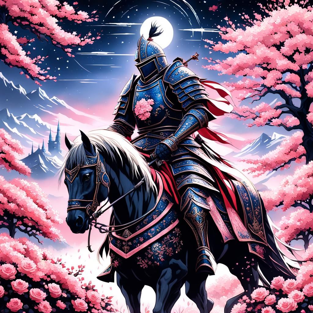 Gothic Samurai Knight Amidst Sakura Trees