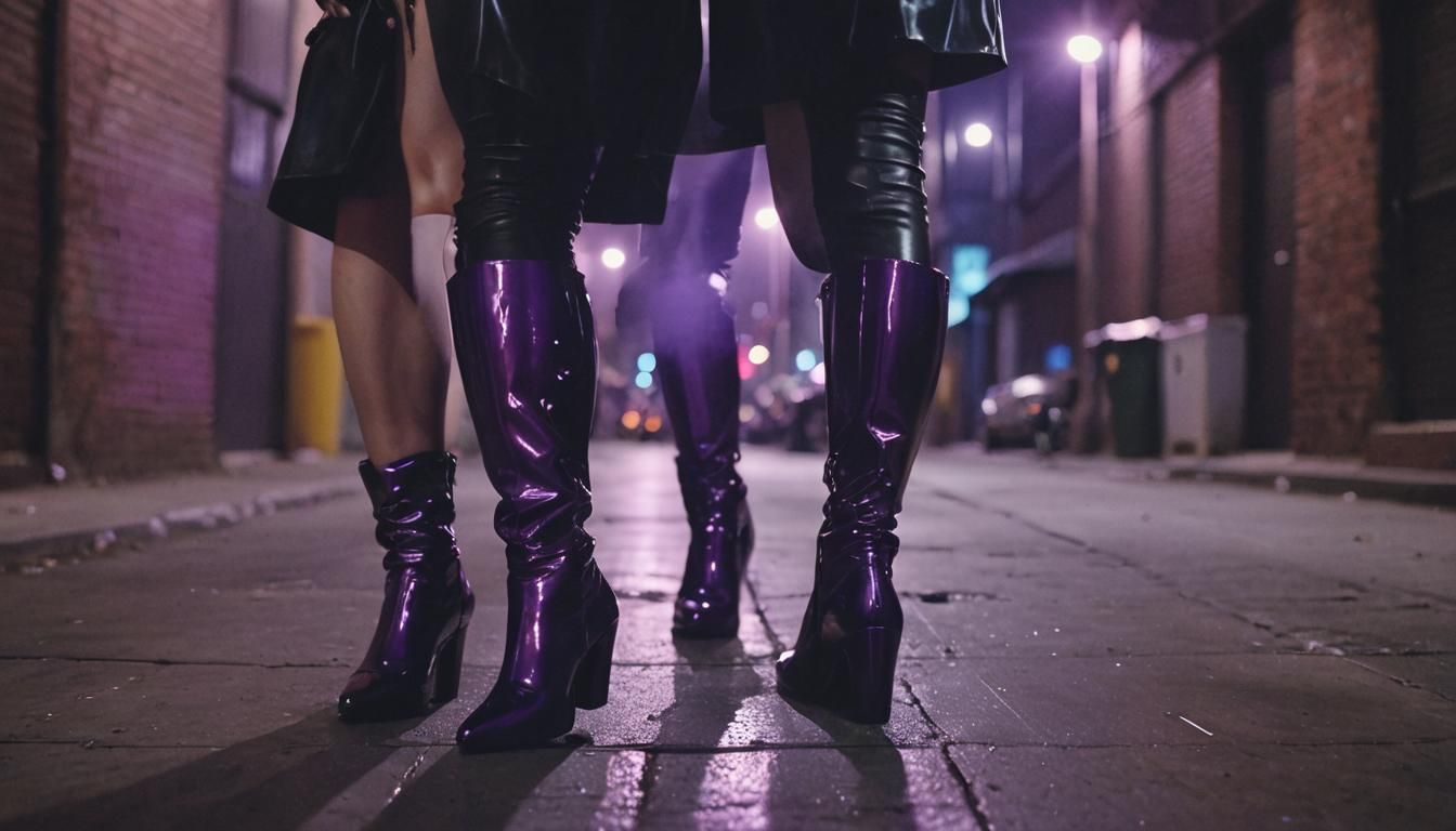 Woman in Latex Boots in Moody Cityscape