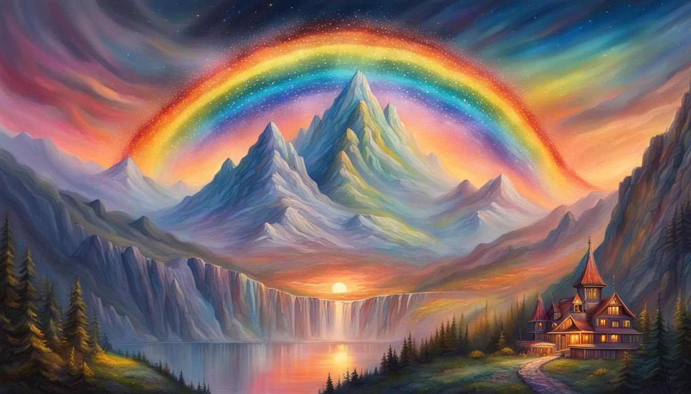 Fantasy Mountain Rainbow Jet in Watercolor Style