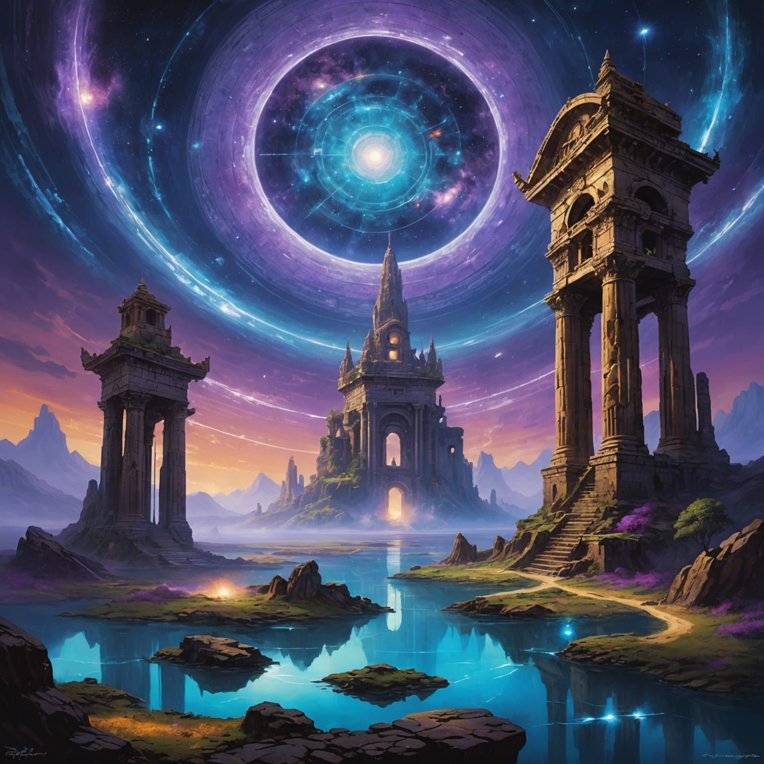 Surreal Landscape with Floating Islands and Ruins