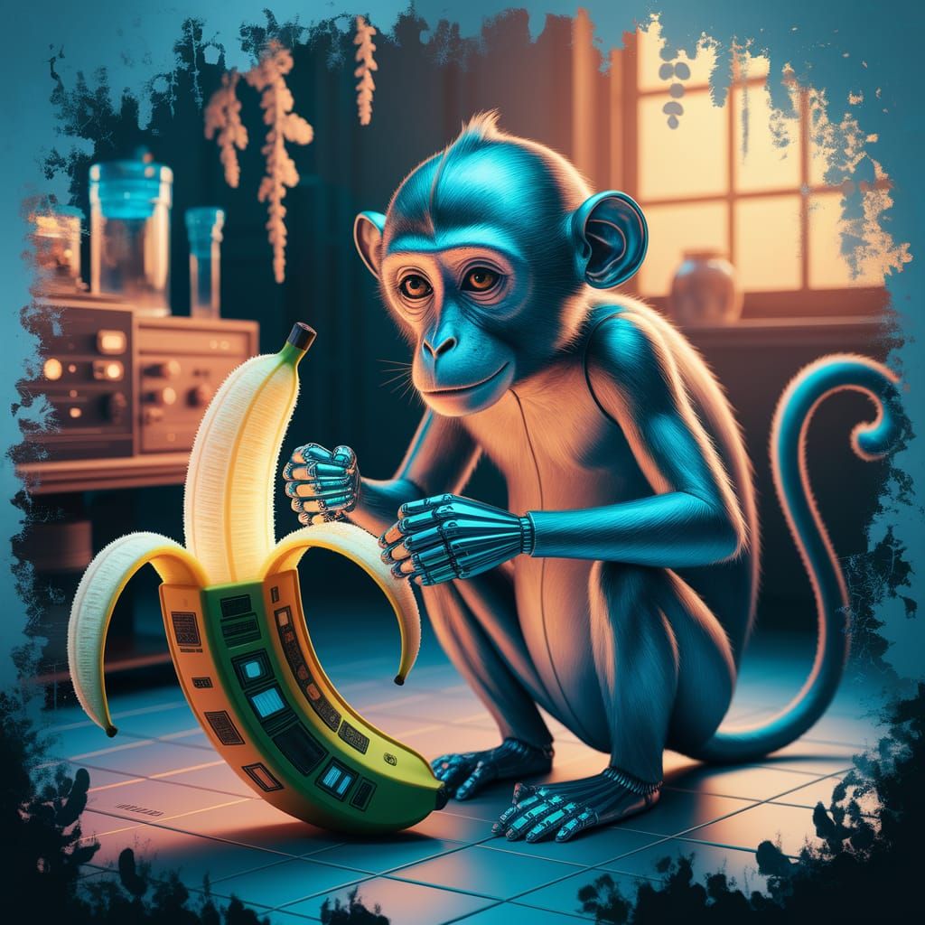 Metallic Monkey Peels Luminous Banana in 8K