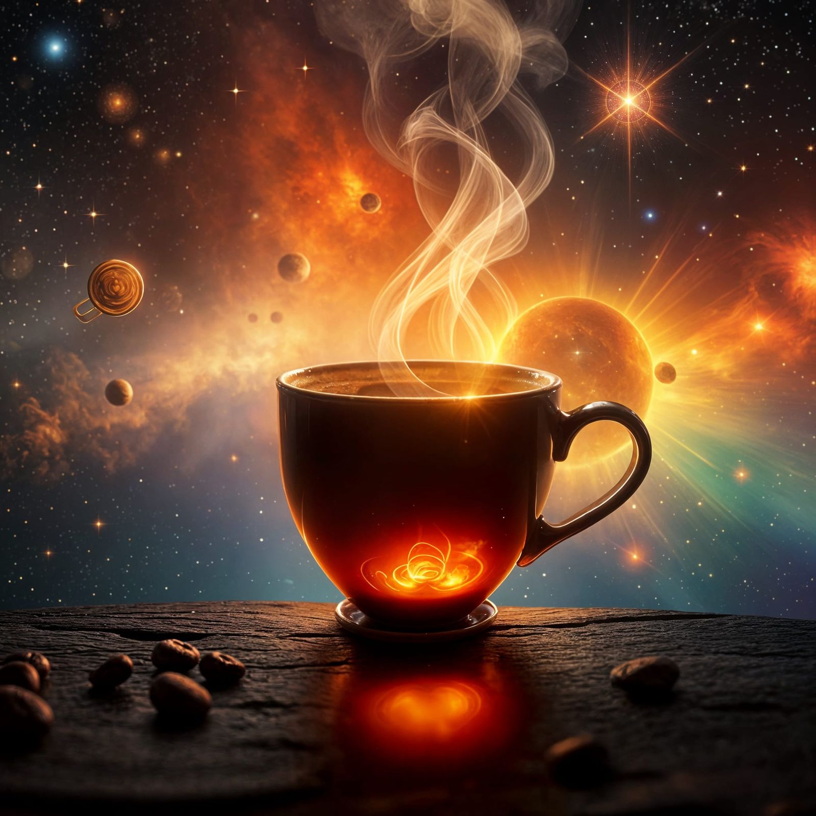 Cosmic Coffee Cafe at Universe Center with Glowing Cup