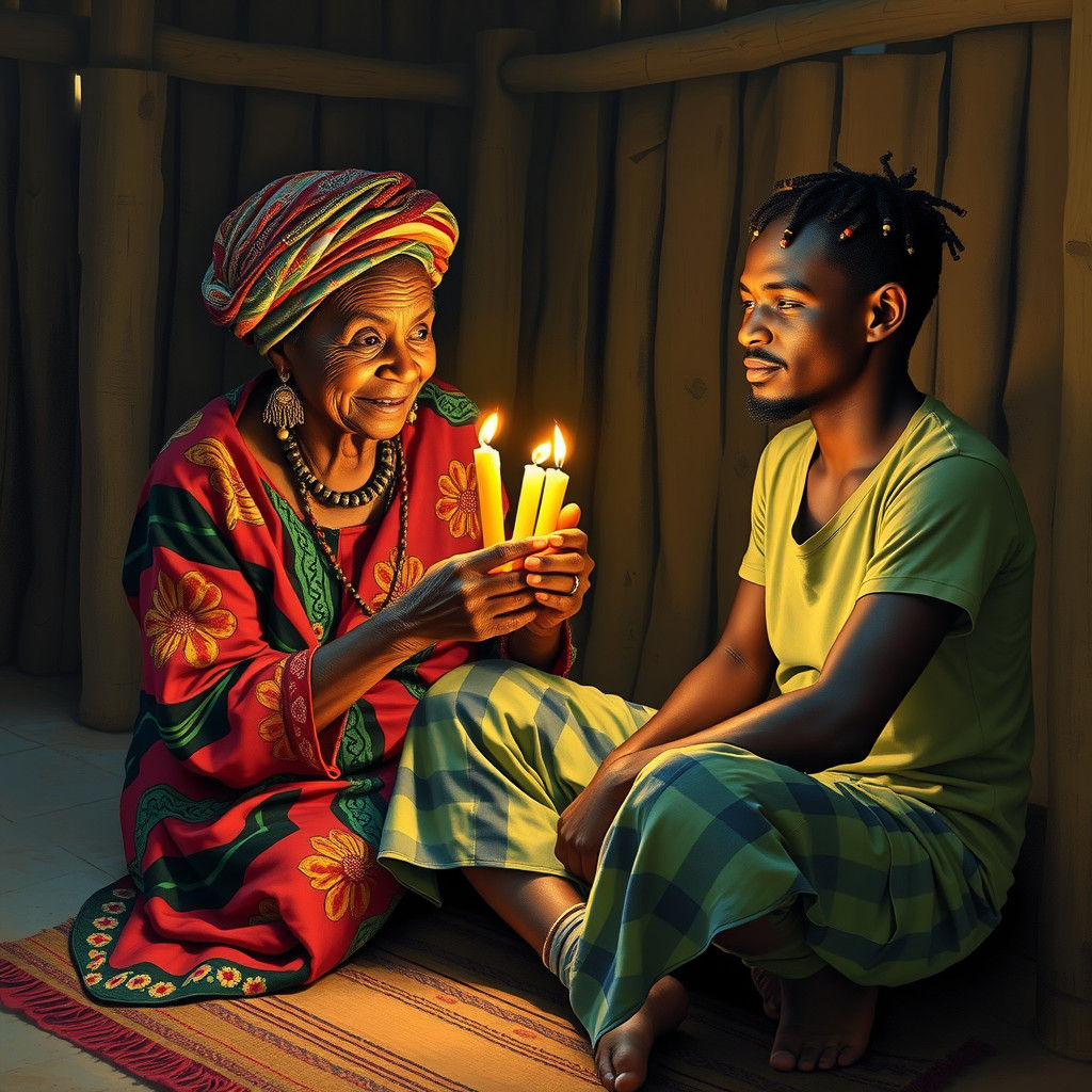African Grandmother Giving Candles, Contemporary Art Style