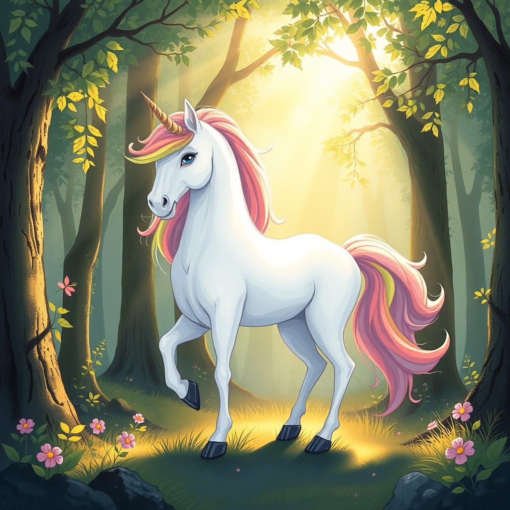 Majestic Unicorn in Enchanted Forest - Fantasy Art