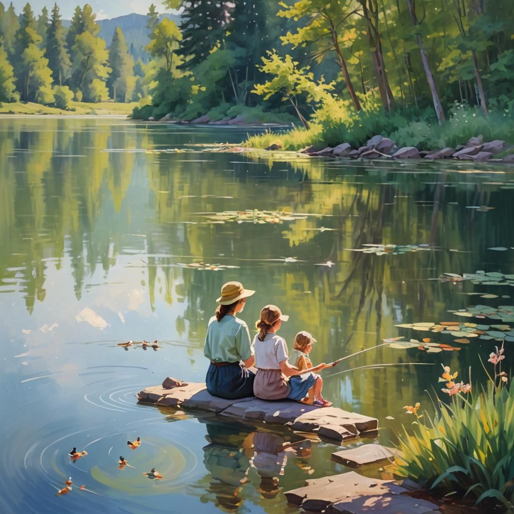 Mother and Daughter Fishing: Impressionist Landscape