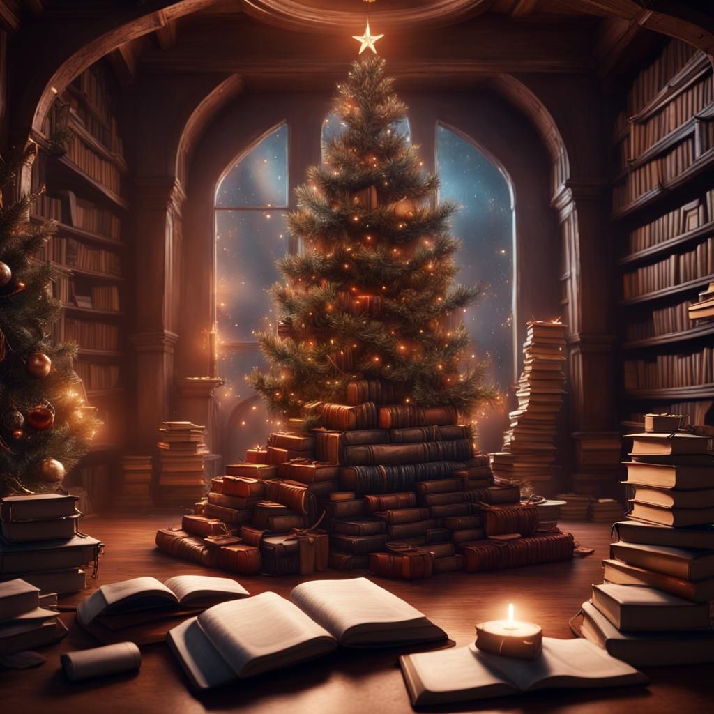 Books and Christmas Tree in Detailed Matte Painting