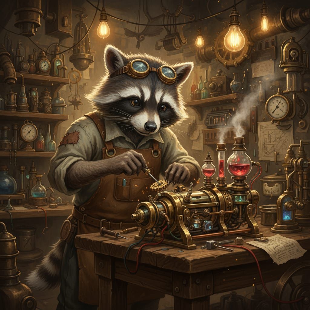 Steampunk Raccoon Inventor in Cluttered Workshop