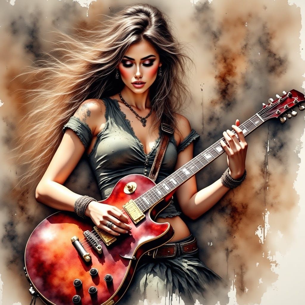 Rocker Chick Guitarist in Antique Watercolor Style