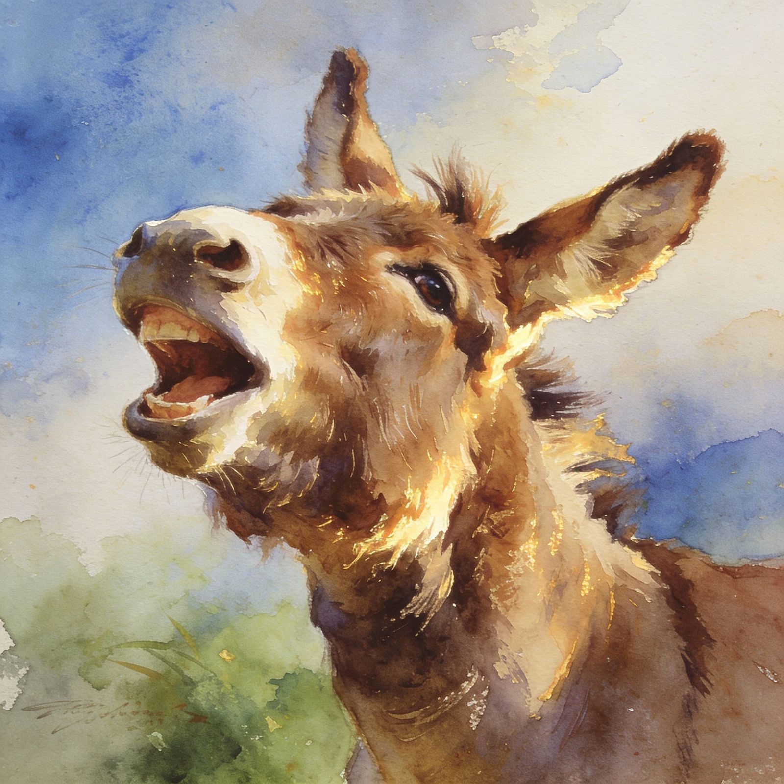 Happy Donkey Braying in Watercolor Style