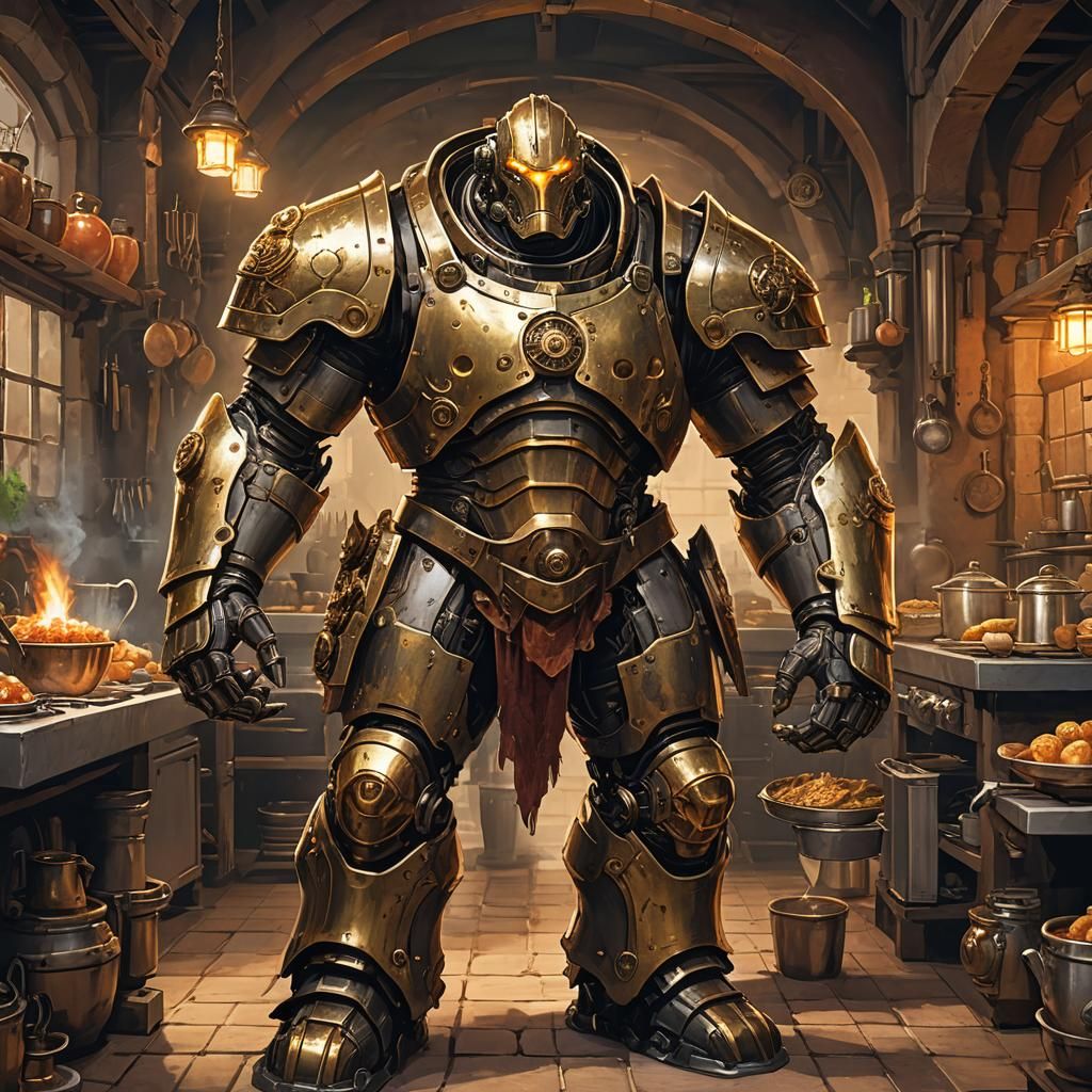 Warforged Golem Cooks in Warm Kitchen, Comic Book Style