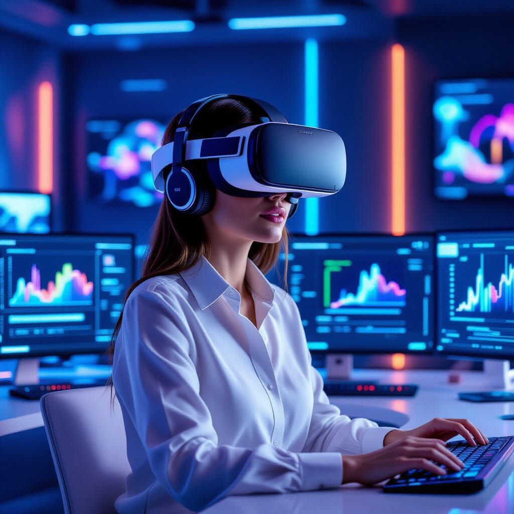 Woman in VR Headset Designing in Futuristic Studio