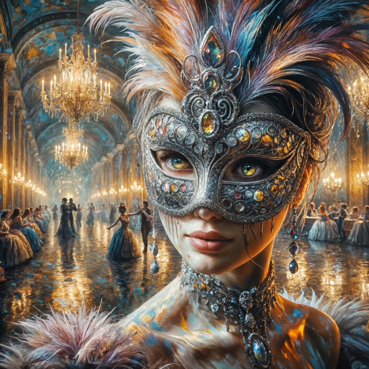 Masked Dancer in Opulent Ballroom: Impressionistic Vision