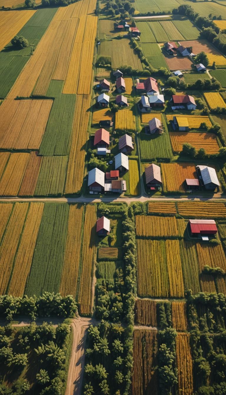 Hyperrealistic Village and Farm in Colorful Splash Art