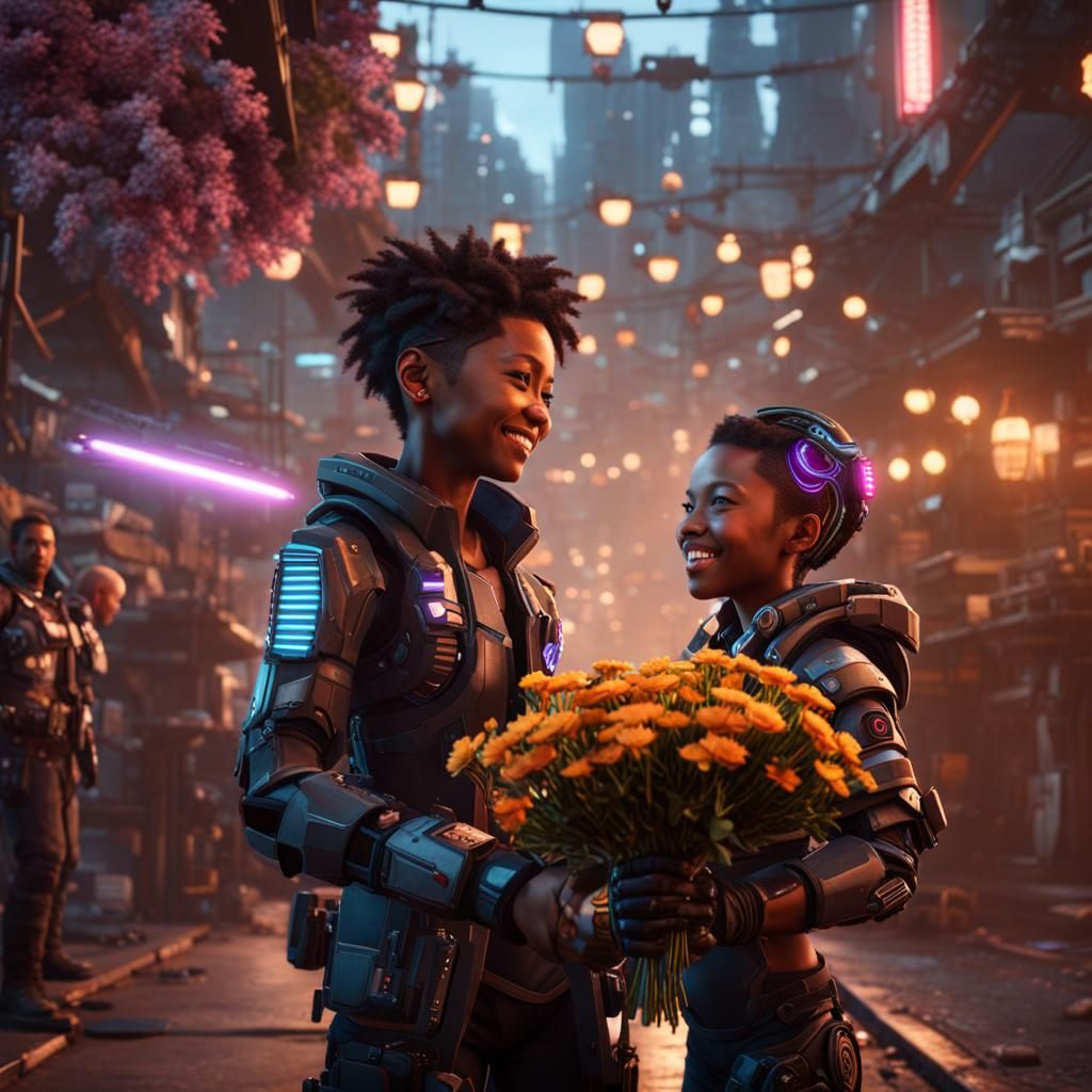 Boy Gives Flowers to Cyborg Girl in Cyberpunk City