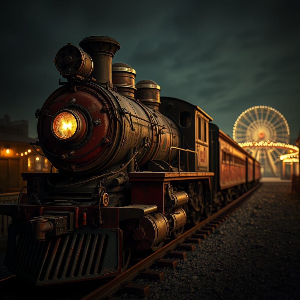 Vintage Locomotive in Abandoned Amusement Park, HDR Oil Pain...