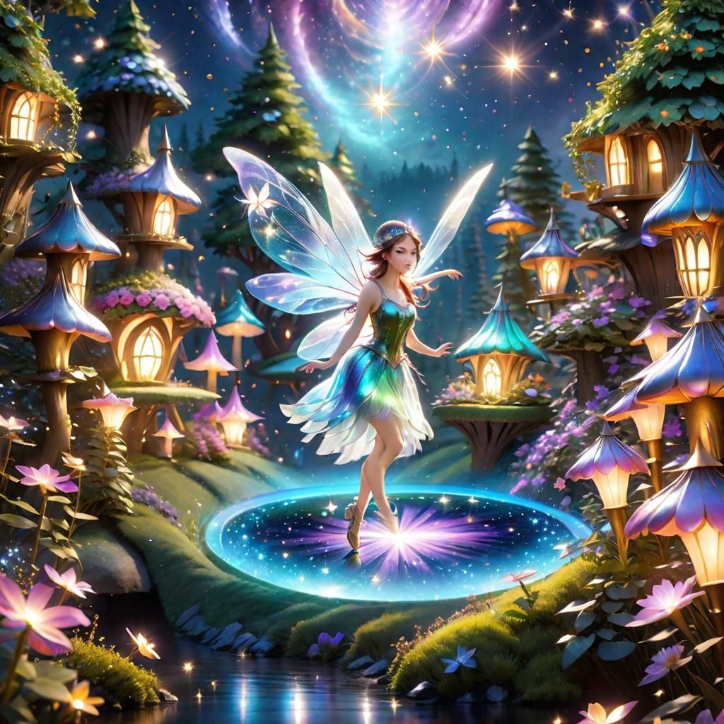 Glittering Fairy Village Fantasy Scene in Hyperreal Detail