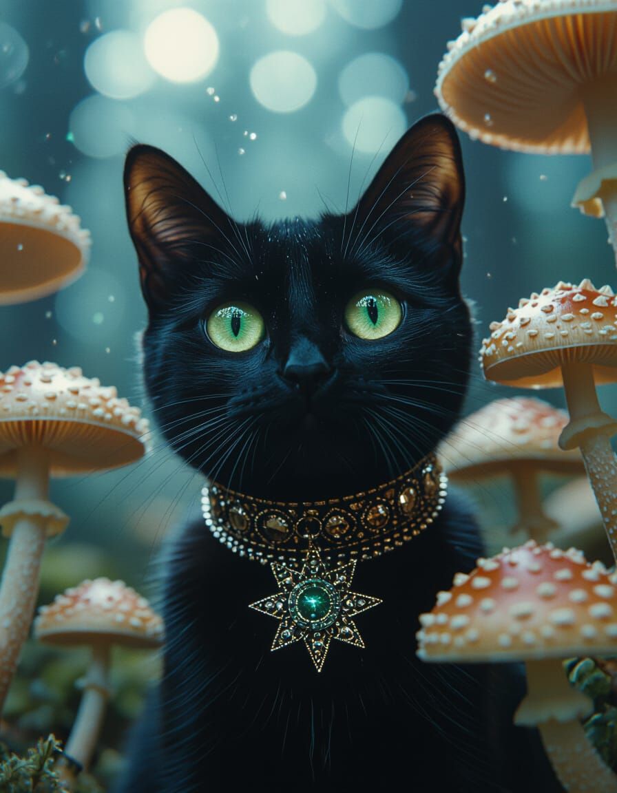 Cosmic Cat Among Shimmering Mushrooms: Cinematic Film Still