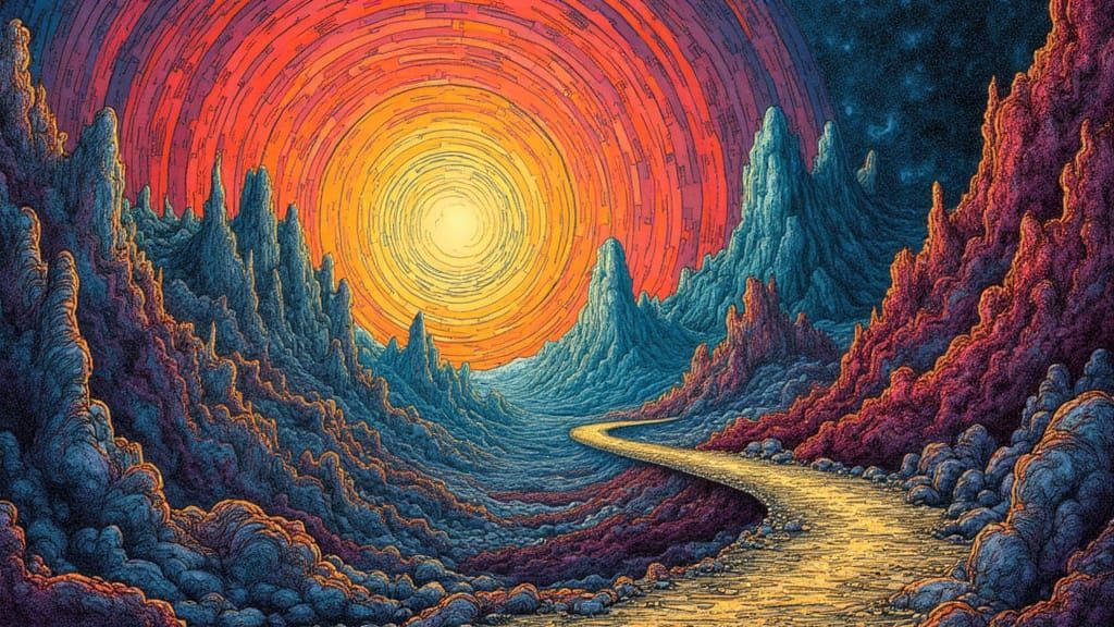 Dreamlike Landscape with Swirling Pen and Ink Lines