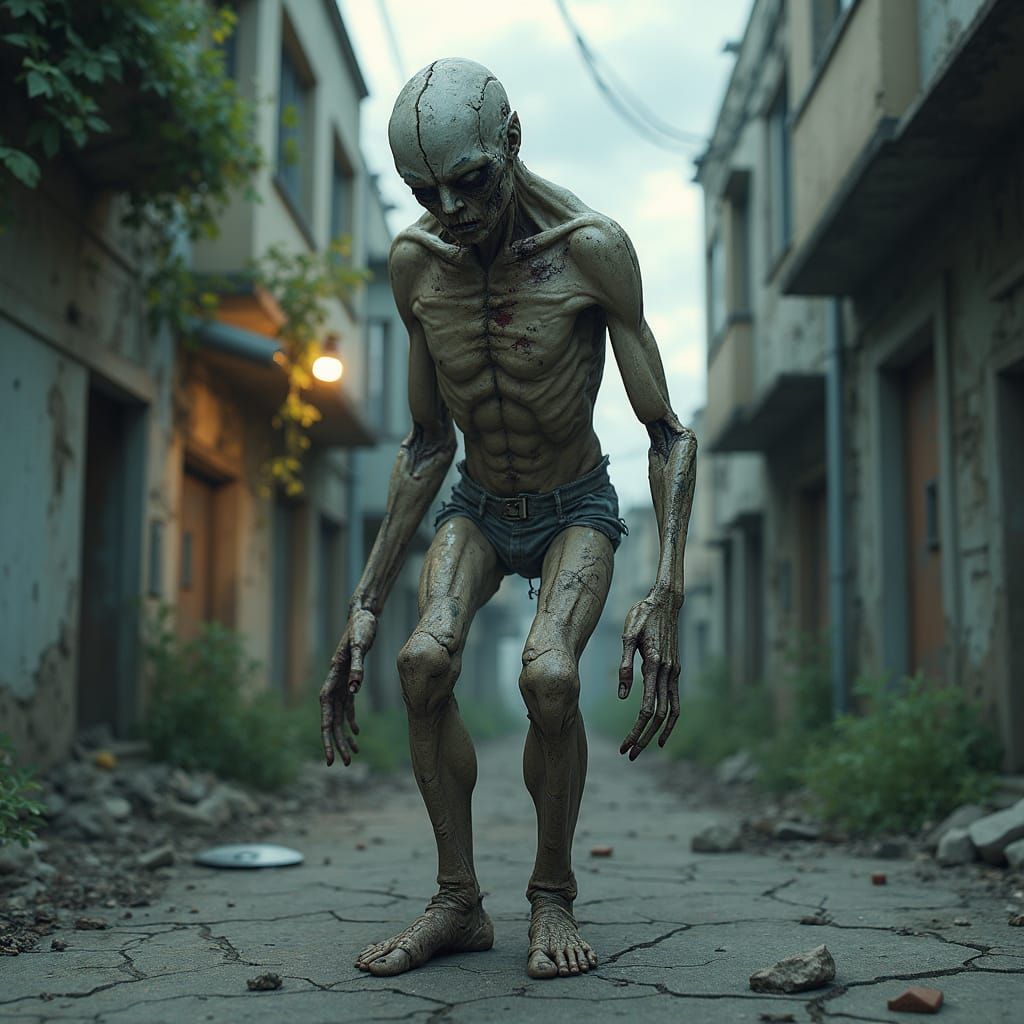 Hyper-Realistic Decayed Figure in Abandoned Cityscape