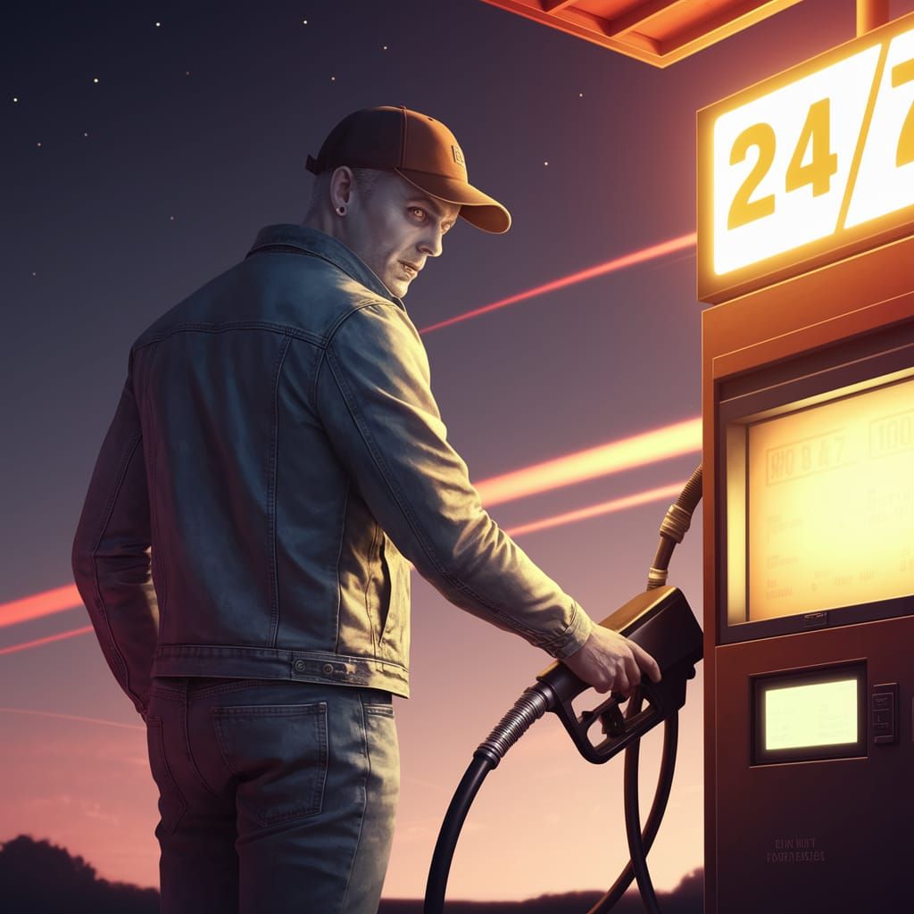 A vampire pumps gas at a 24/7 gas station