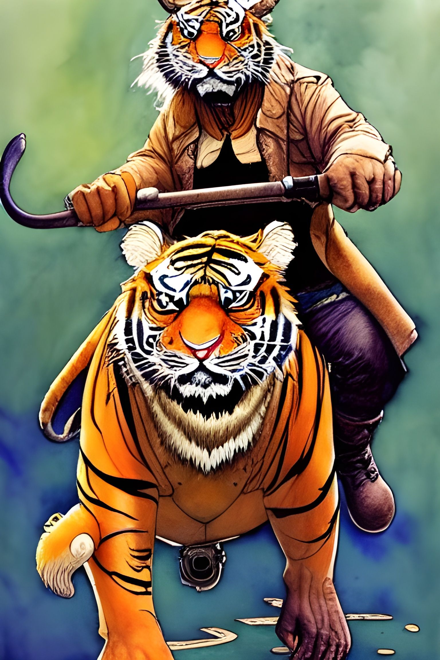 Danny DeVito Riding a Tiger, Watercolor Style