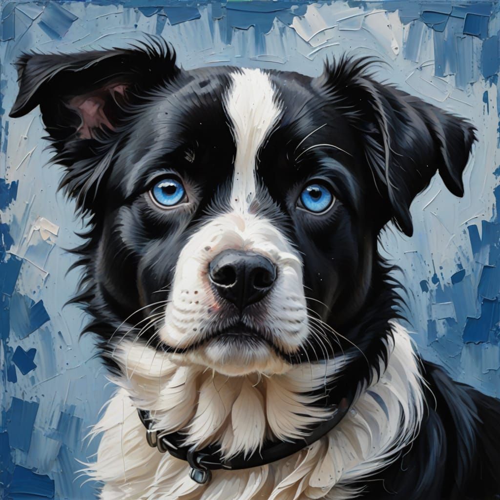 Moody Black and White Dog in Impasto Style