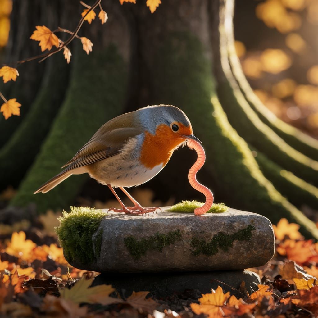 Robin Holds Worm in Autumn Forest Sunlight