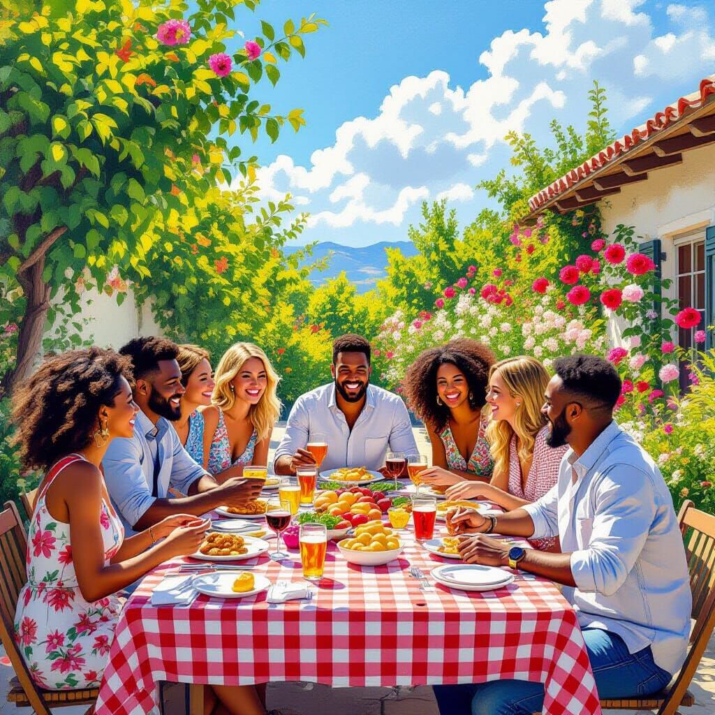 Diverse Group Celebrates Spring Garden Party in Impressionis...