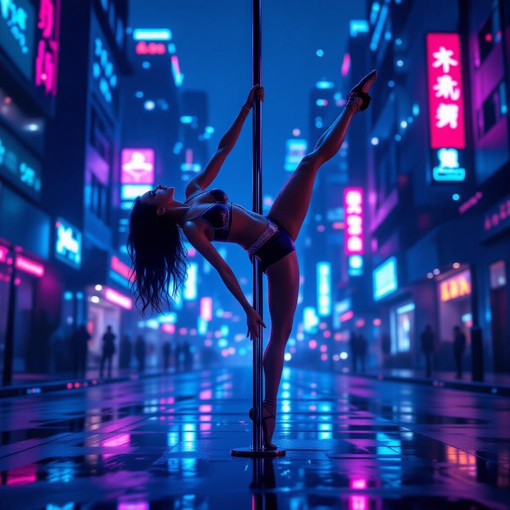 Futuristic Pole Dancer in Neon Cityscape