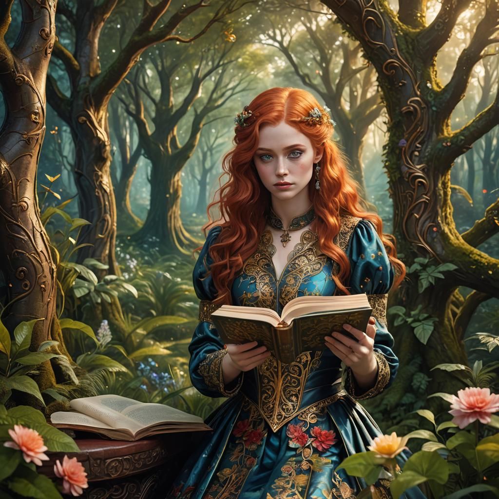 Enchanted Forest Reader in Art Nouveau Style