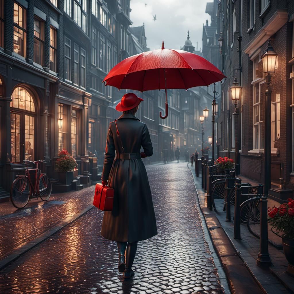 Amsterdam Girl with Red Umbrella: 3D Game Art