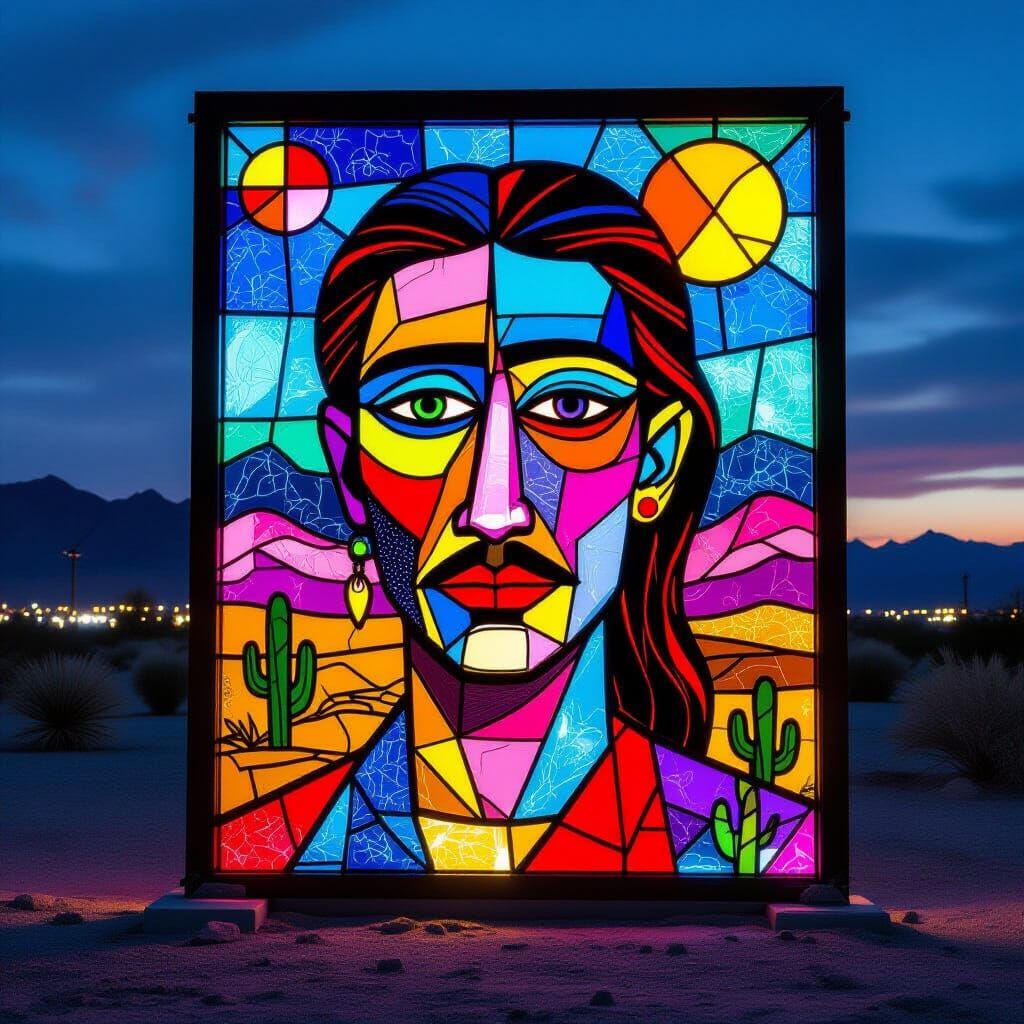 Cyberpunk Desert Oasis With Bioluminescent Stained Glass Art