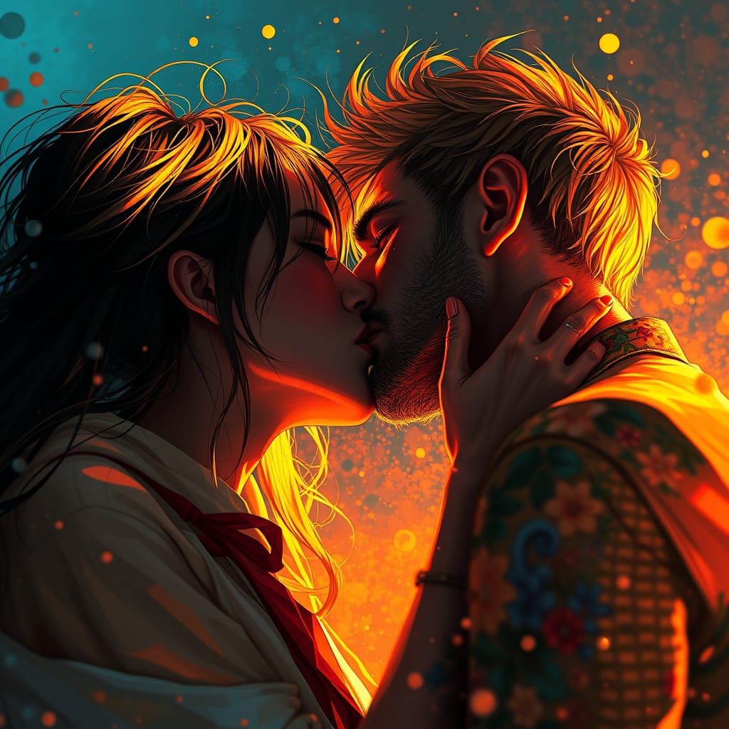 Ethereal Couple Lost in Fervent Kiss, Hyperrealistic Splash ...