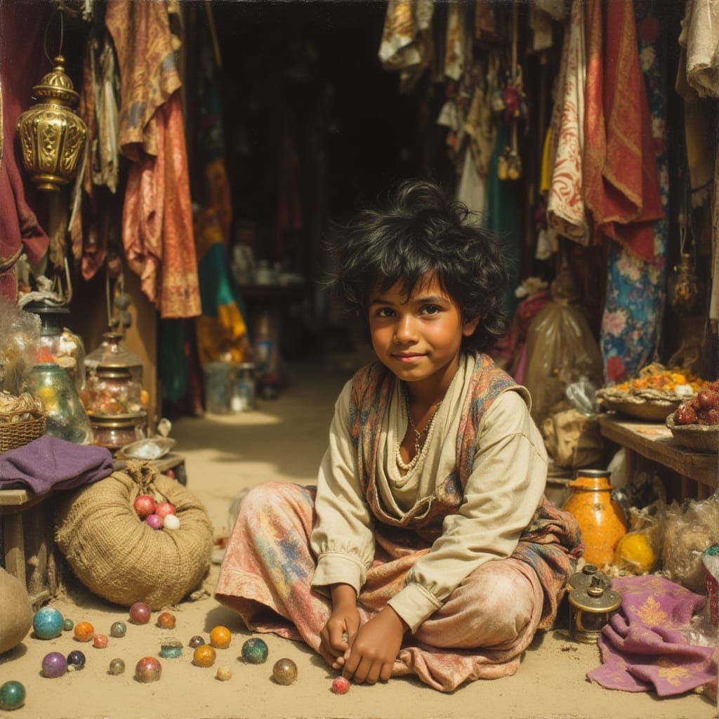 Moroccan Boy Playing Marbles in Bustling Market