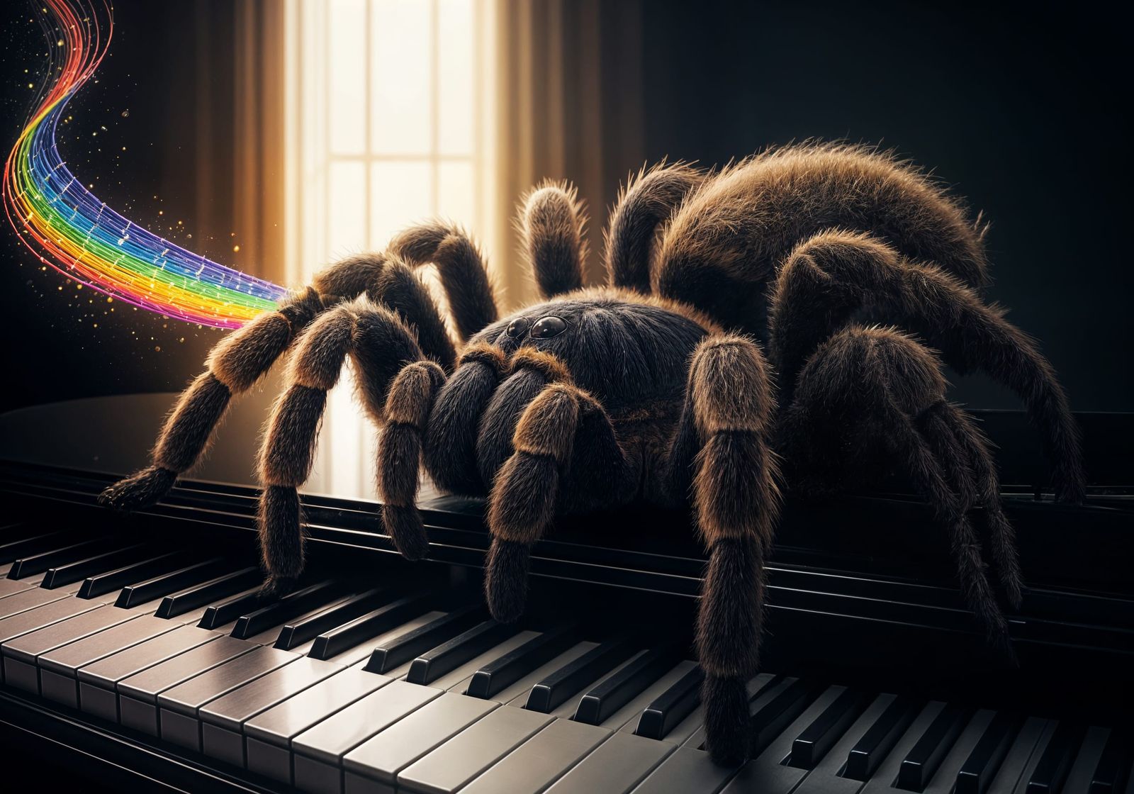 Giant Tarantula Plays Piano with Vibrant Rainbow Notes