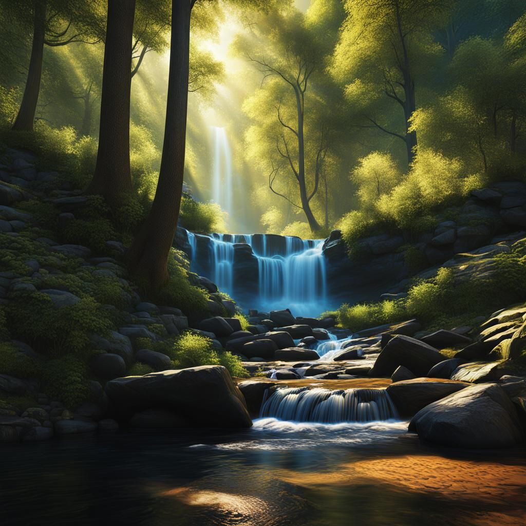 Luminous Waterfall in Forest Clearing: Hyperrealistic Expres...