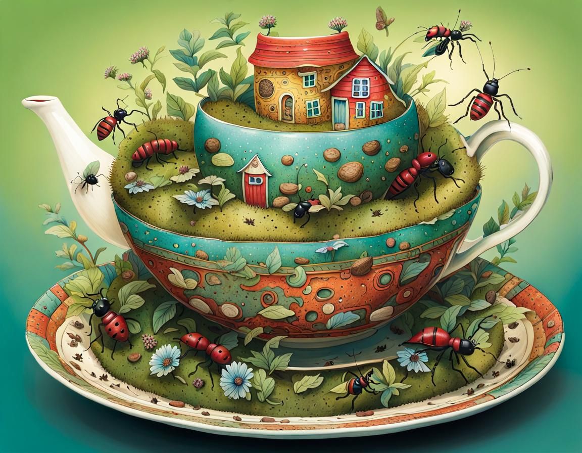 Whimsical Ant Colony Inside a Teacup Illustration