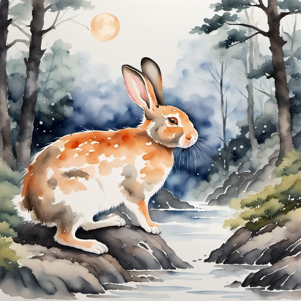 Watercolor Chinese Rabbit in Forest Moonscape