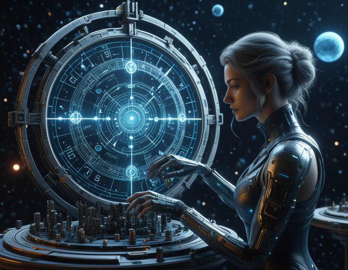 Cybernetic Woman with Astrolabe in Cosmic Nebula
