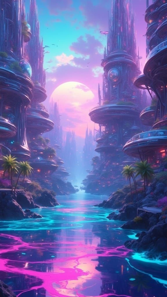 Futuristic Cityscape by the Ocean in Synthwave Style